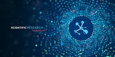 医学科研载体网横幅。科学抽象的蓝色背景与运动模糊粒子