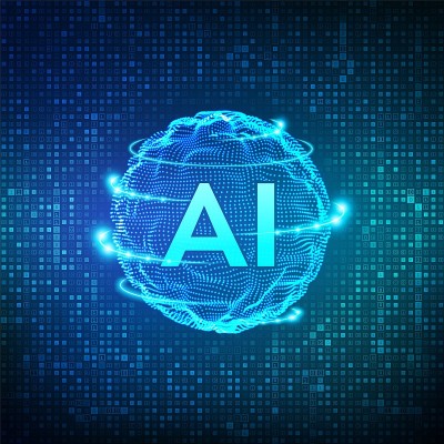 人工智能。人工智能和机器学习的概念。球面网格波的流矩阵数字二进制码背景。大数据创新技术。神经网络。矢