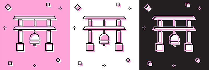 设置日本门图标隔离在粉红色和白色，黑色背景。鸟居的迹象。日本传统古典大门符号。矢量图