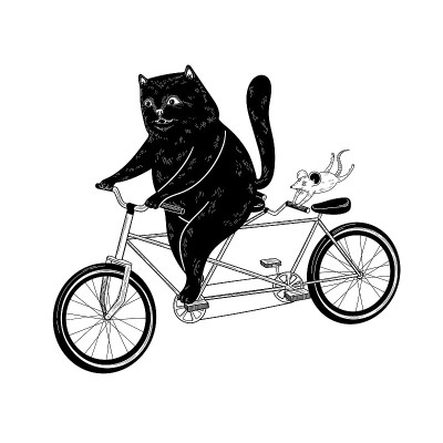 猫和老鼠骑自行车。有趣的矢量插图，卡片，海报，打印。
