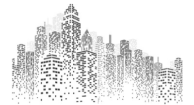 抽象未来城市向量，城市中的点建筑。