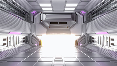未来建筑科幻走廊和走廊室内，3D渲染