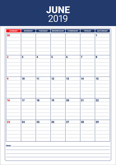 2019年6月台历矢量插图