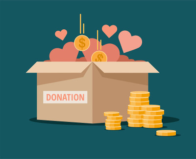 Charity donation box with coins and hearts.