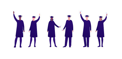大学教育与毕业庆祝理念。矢量平面人插图集。多民族学术团体男女身着长袍，戴着学位帽。设计横幅，信息图表