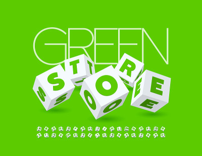 矢量创意概念绿色商店。等距字母表字母和数字集