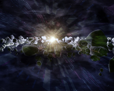 太空星云中的许多小行星或陨石。深空图像，科幻幻想墙纸和打印或相册艺术。所有的艺术元素都是我创造的。三