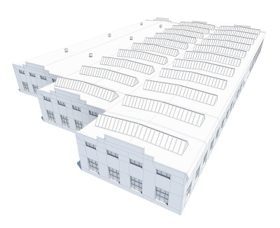 机库建筑。白色线框
