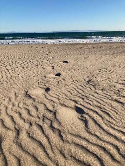 在波纹的沙滩上留下的脚印通向大海