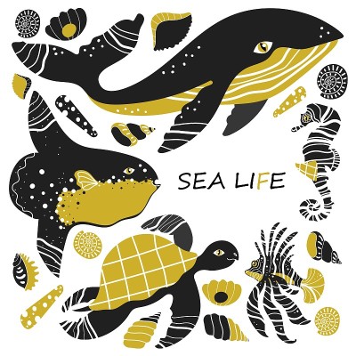海洋生物由不同的动物组成。孤立在白色背景上。而海龟，狮子鱼，月亮鱼，海马，贝壳。卡通搞笑风格。矢量插
