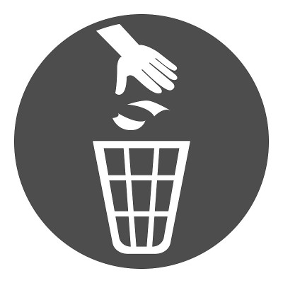 垃圾桶的迹象。用手把垃圾扔进垃圾桶。矢量图
