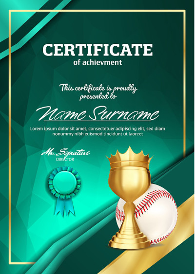 Baseball Certificate Diploma With Golden Cup Vecto