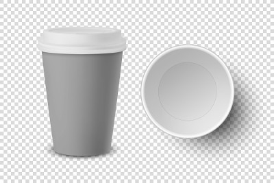 矢量3d现实的空灰色一次性关闭和打开纸，塑料咖啡杯的饮料与白色盖子设置特写孤立。设计模板模型。顶视图