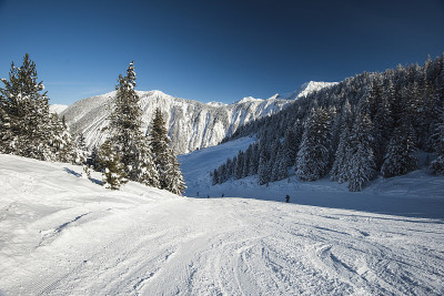高山滑雪胜地滑雪道上的滑雪者