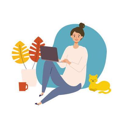 矢量插图的女人检查网络在秋天。女人，休息一天吧。