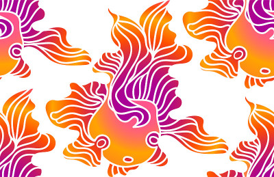 矢量卡通无缝图案与彩色涂鸦金鱼和梯度波鳍绘制在平面风格的手。