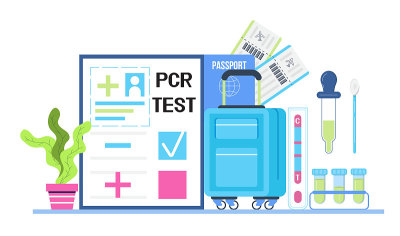 对游客进行PCR检测。健康护照概念矢量网络，博客。疫苗，免疫护照应用，行李，证书，机票。2019冠状