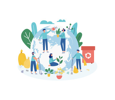 生态海报卡通人在地球上植树地球。