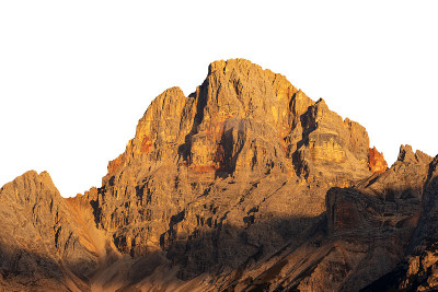 美丽的山峰的白云石在日落孤立的白色背景- Croda Rossa D'Ampezzo或Hohe Ga