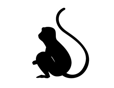 黑色剪影可爱的长尾猴卡通动物设计平面矢量插图孤立在白色的背景