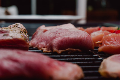 Selective focus. Raw pork rib and other pork meat 