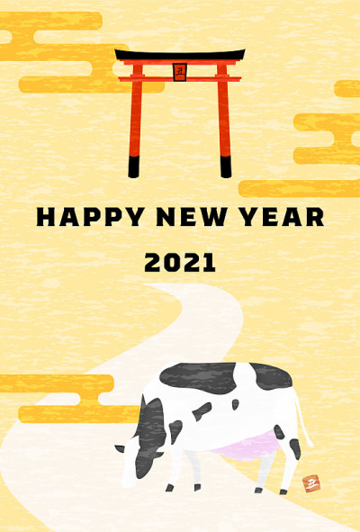 新年贺卡明信片模板2021牛年，形象牛的第一年神殿和神的信使