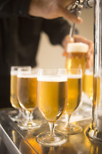 生啤酒玻璃杯在餐厅酒吧里泵