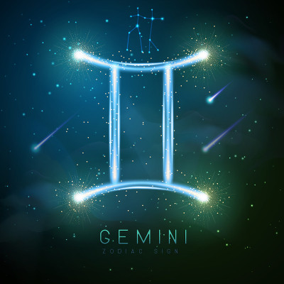 现代魔法魔法卡与金光闪闪的星相双子星座的外太空背景