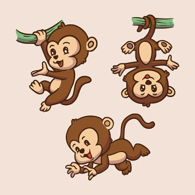 卡通动物设计的猴子被挂在树干上和跳跃的可爱吉祥物插图