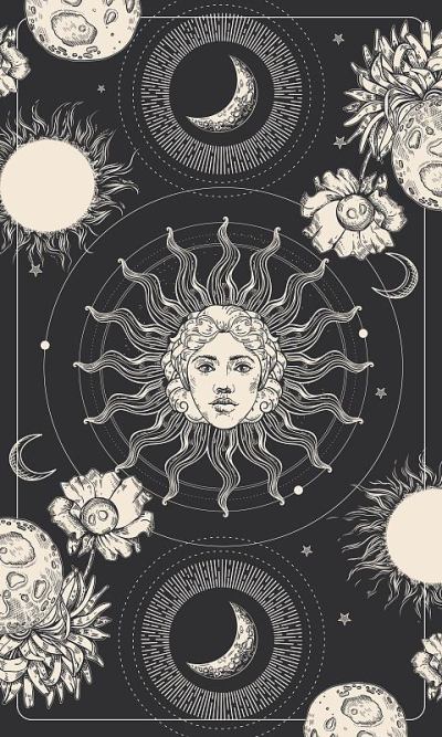 神奇的太阳的脸。塔罗牌，占星术插图。