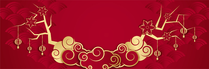 中国农历2022年虎年红金花和亚洲元素剪纸与工艺风格的背景。通用中文背景横幅。矢量图