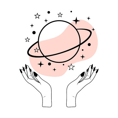 行星和星星与女人的手在线条艺术。