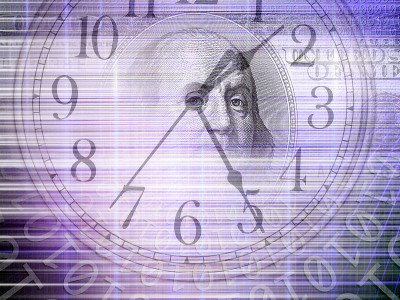 二进制代码的概念形象与钟面和金钱