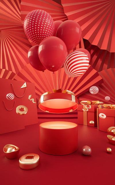 中式背景礼品及购物袋，3d渲染。