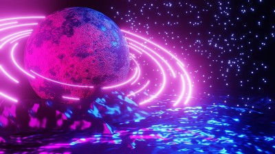 3D渲染科幻现代未来明亮的空间行星与环抽象的背景，空间景观