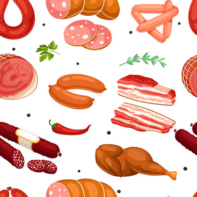 无缝模式与肉制品。香肠、熏肉和火腿的插画
