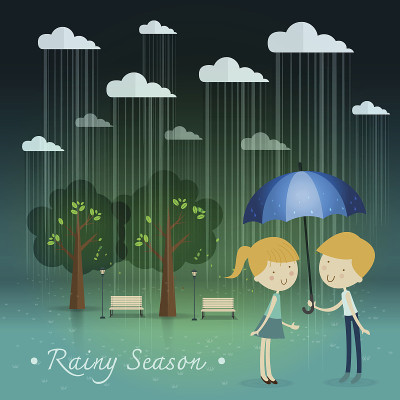 男孩送伞女孩，雨季在公园