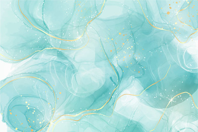 柔和的青色薄荷液体大理石水彩背景与白色线条和画笔污渍。蓝绿色大理石醇墨绘制效果。矢量插画背景，水彩画