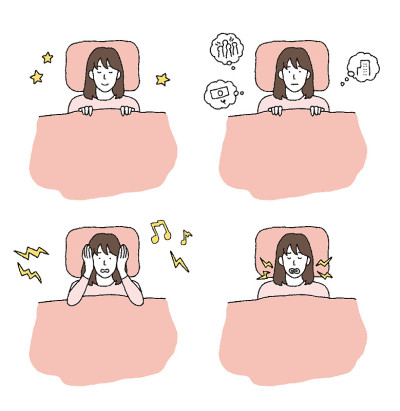 插图设置的一个女人失眠和良好的睡眠。