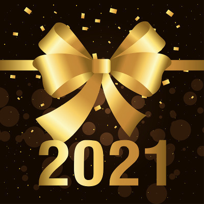 2021年新年快乐，金色领结和五彩纸屑矢量设计