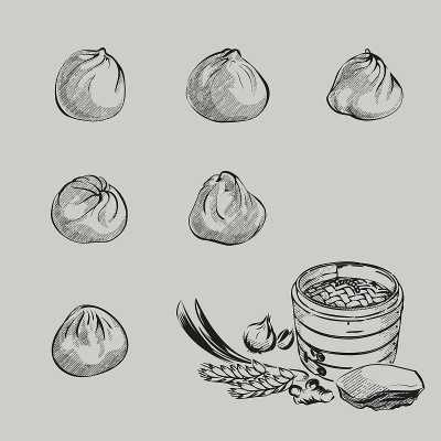 复古风格的亚洲蒸包矢量插画。包括姜、葱、蒜、猪肉、小麦等材料。
