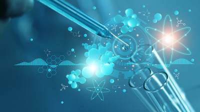 科学家们正在用分子模型、DNA、实验室中分子和原子的科学背景、医学科学和生物技术、3D渲染进行实验和