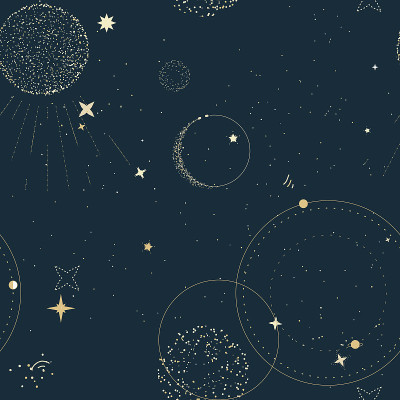 夜空与月亮金天球无缝图案，温柔的宇宙星座复古纺织印花，波西米亚风格