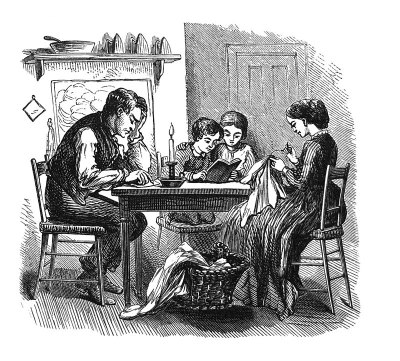 第一个世纪的美国插图- 1873 -家庭在桌子上，丈夫审查预算