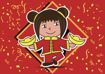 农历新年快乐，女孩卡通
