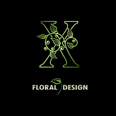 Elegant initial letter X with floral leaves. Natur
