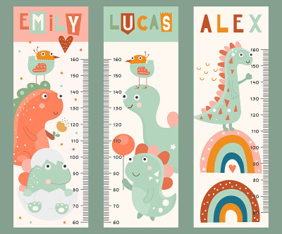 Kids height chart with cute baby dinosaur