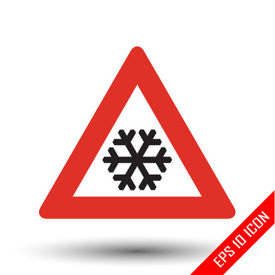 前方有雪交通标志。矢量插图三角形标志的雪前道路标志孤立在白色背景上。