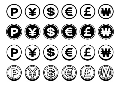 货币符号图标集合。矢量插图。黑色的颜色。