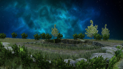 一个蓝色的星云天空的插图与树木，草和岩石的田野在前景